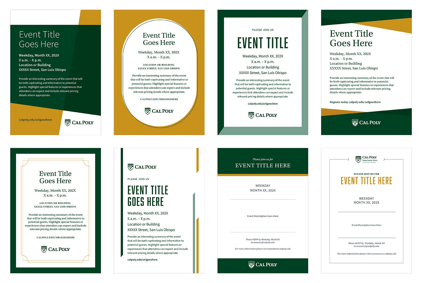 an image of eight thumbnails representing the eight layouts for the event templates